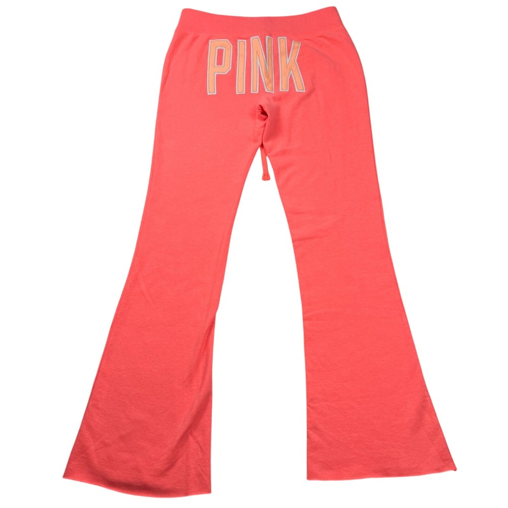 VTG Y2K Style PINK Victoria's Secret Flare Sweatpants Neon Coral Butt SpellOut M